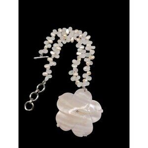 Mother Of Pearl Floral Necklace With Freshwater Pearl Accents 17" Vintage